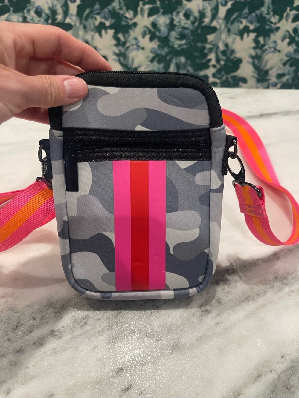 Haute Shore Gray Camo Crossbody Pouch with Pink Accent - Picture 3 of 10